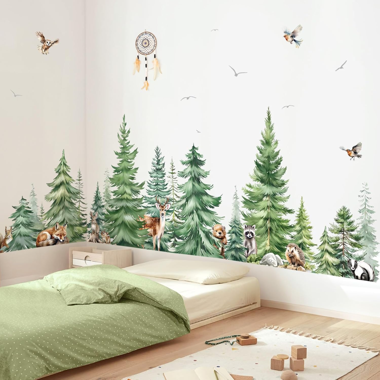 Baby Nursery Design - Large Watercolor Pine Tree Animals Wall