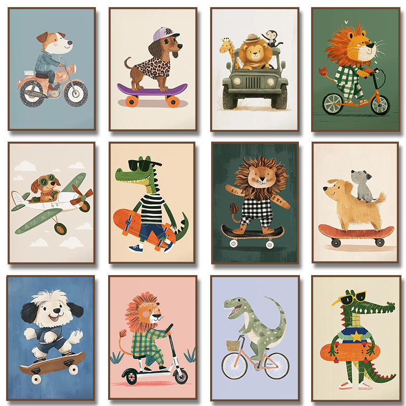 Baby Nursery Wall Art - Dog Airplane Lion in Car Animal
