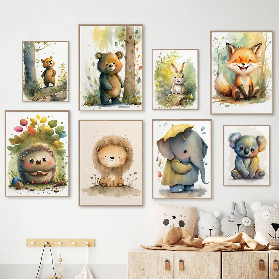 Baby Nursery Wall Art - Minimalist Canvas Posters Happy Little Animal