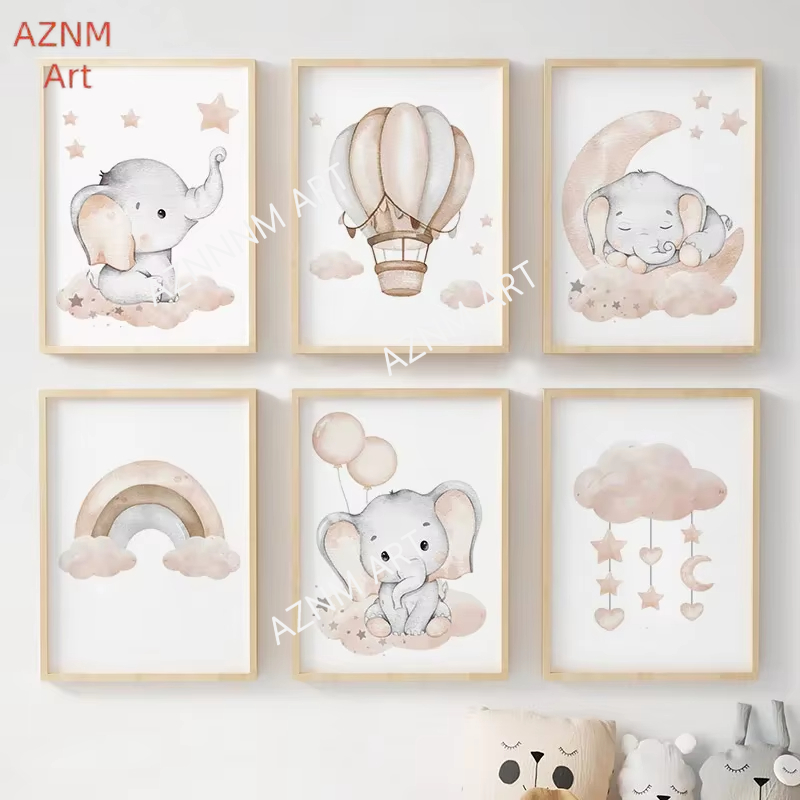 Elephant Balloon Rainbow Moon  - Baby Nursery Wall Art のレビューと価格