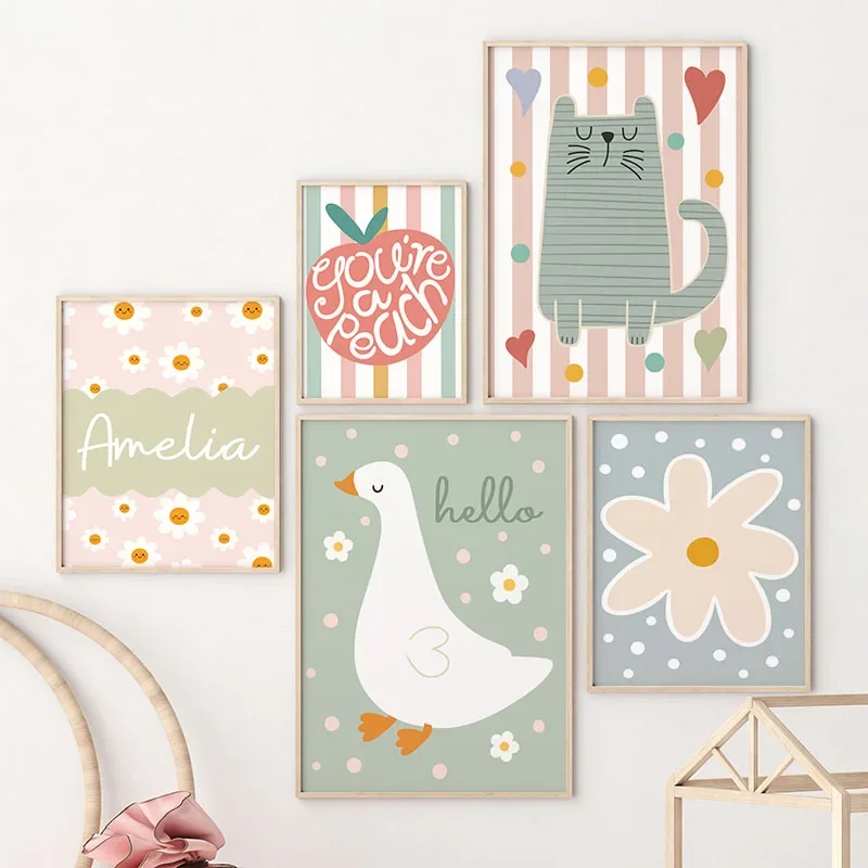 Cartoon Cat Duck Bird Apple Cu - Baby Nursery Wall Art のレビューと価格