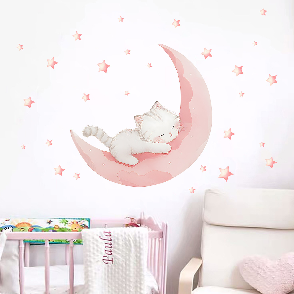 Cartoon Pink Moon Cute Cat Sle - Baby Nursery Stickers のレビューと価格