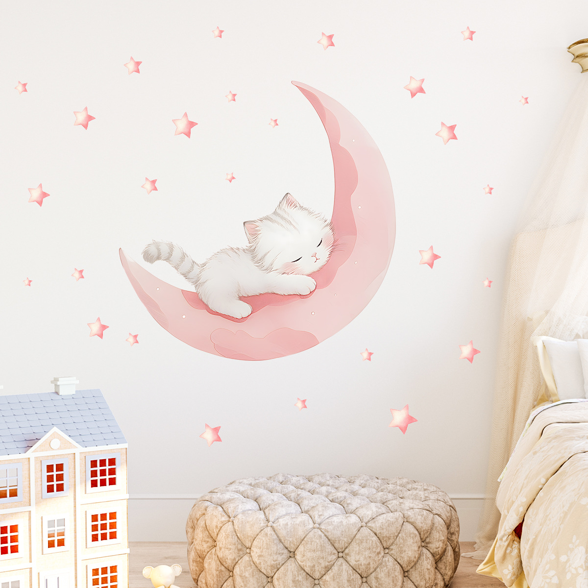 Cartoon Pink Moon Cute Cat Sle - Baby Nursery Stickers のレビューと価格