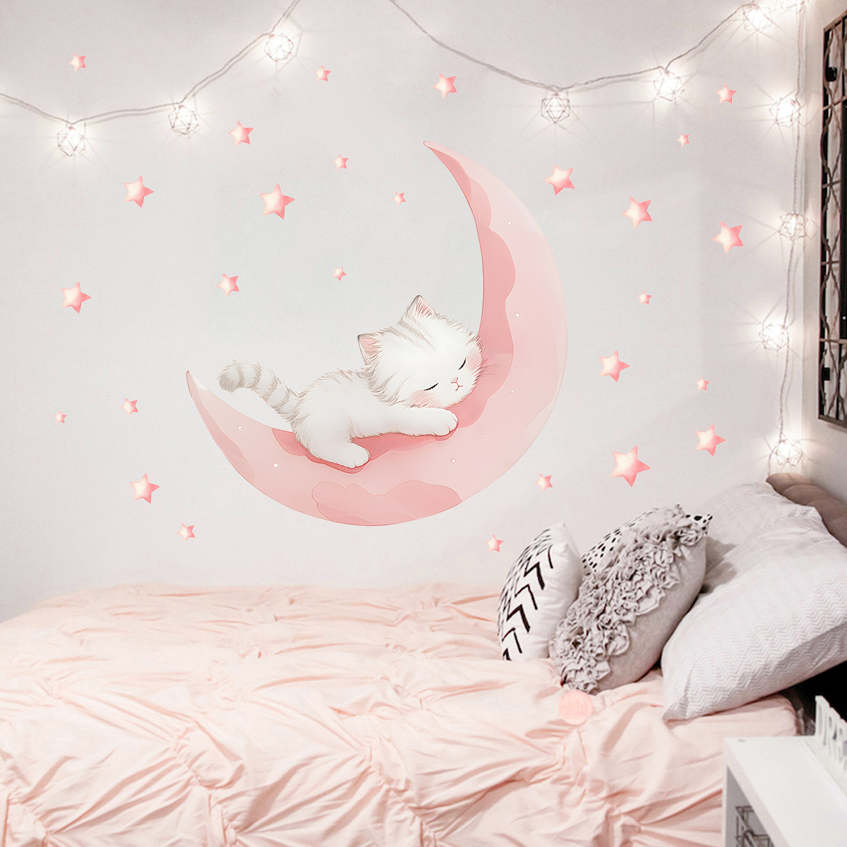 Cartoon Pink Moon Cute Cat Sle - Baby Nursery Stickers のレビューと価格