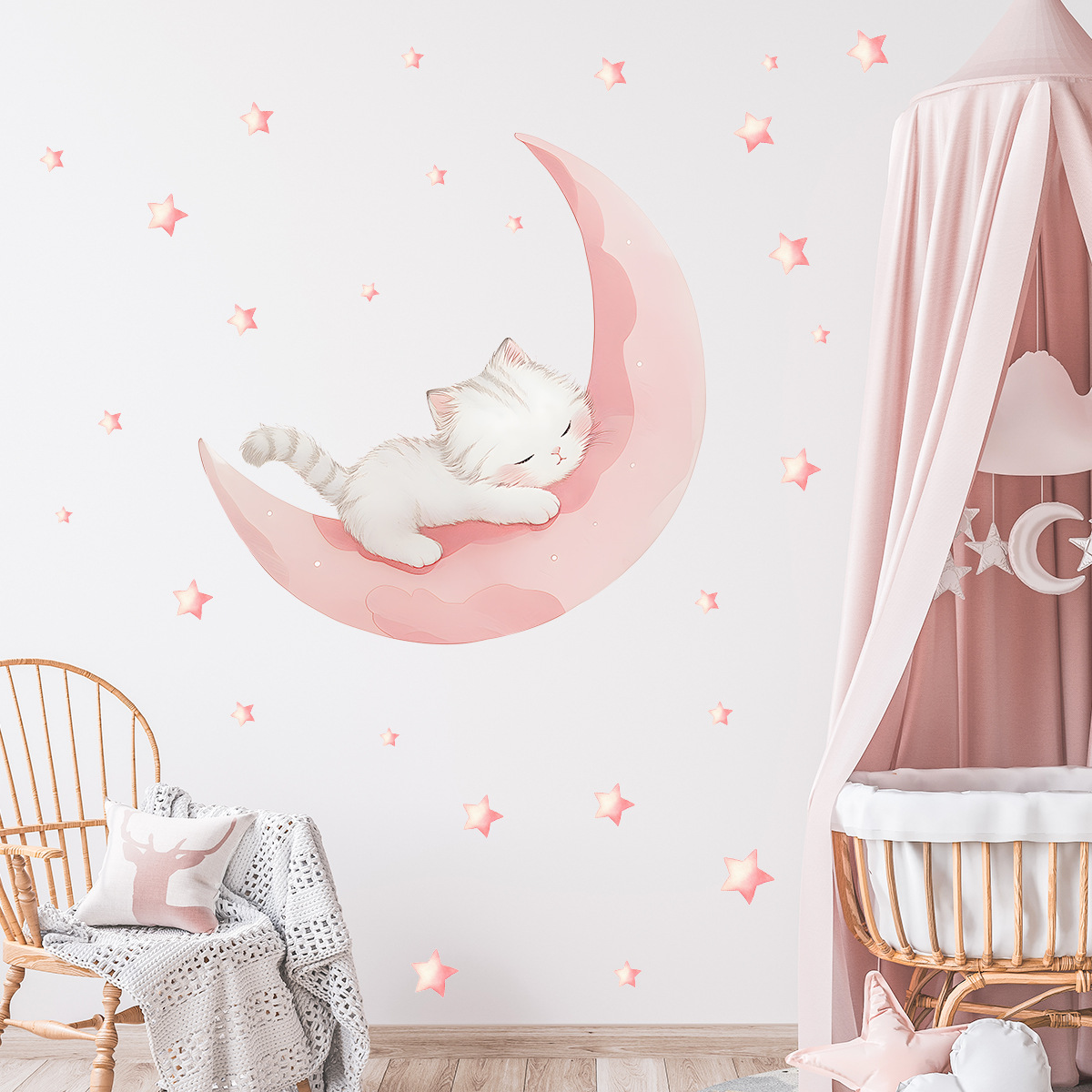 Cartoon Pink Moon Cute Cat Sle - Baby Nursery Stickers のレビューと価格