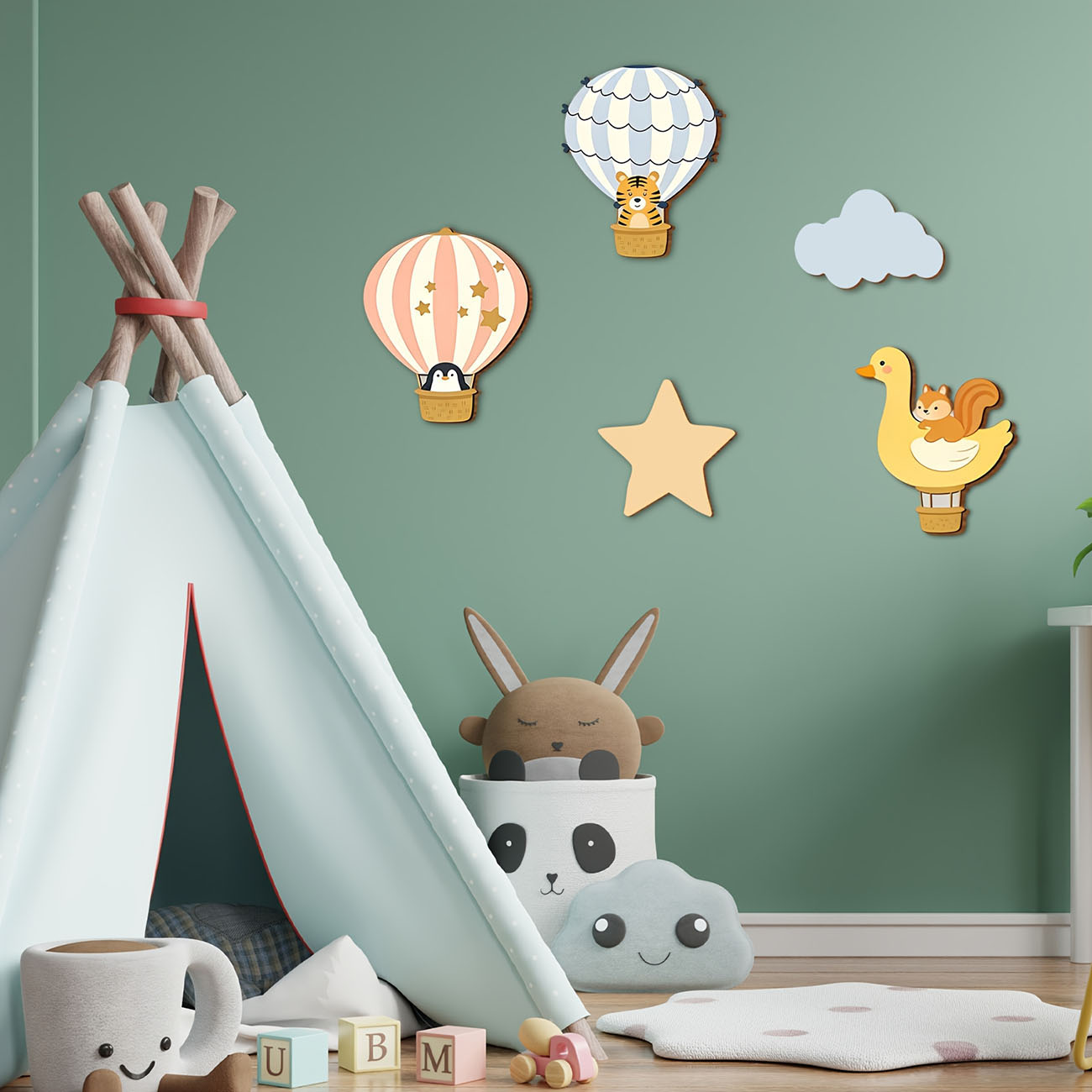5Pcs Animal Hot Air Balloon Wo - Baby Nursery Stickers のレビューと価格